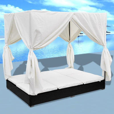 Dealsmate  Outdoor Lounge Bed with Curtains Poly Rattan Black