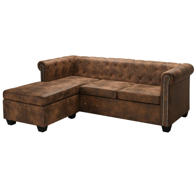 Dealsmate  L-shaped Chesterfield Sofa Artificial Suede Leather Brown
