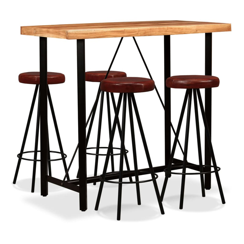 Dealsmate  Bar Set 5 Pieces Solid Wood Acacia and Genuine Leather
