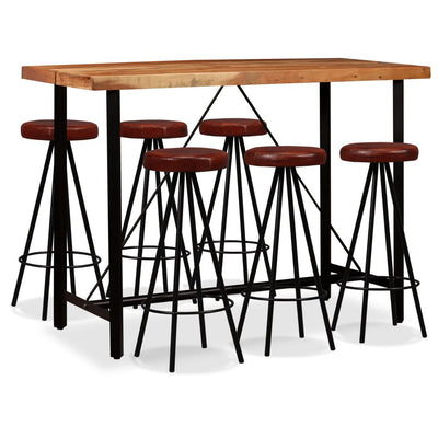 Dealsmate  7 Piece Bar Set Solid Acacia Wood and Genuine Leather