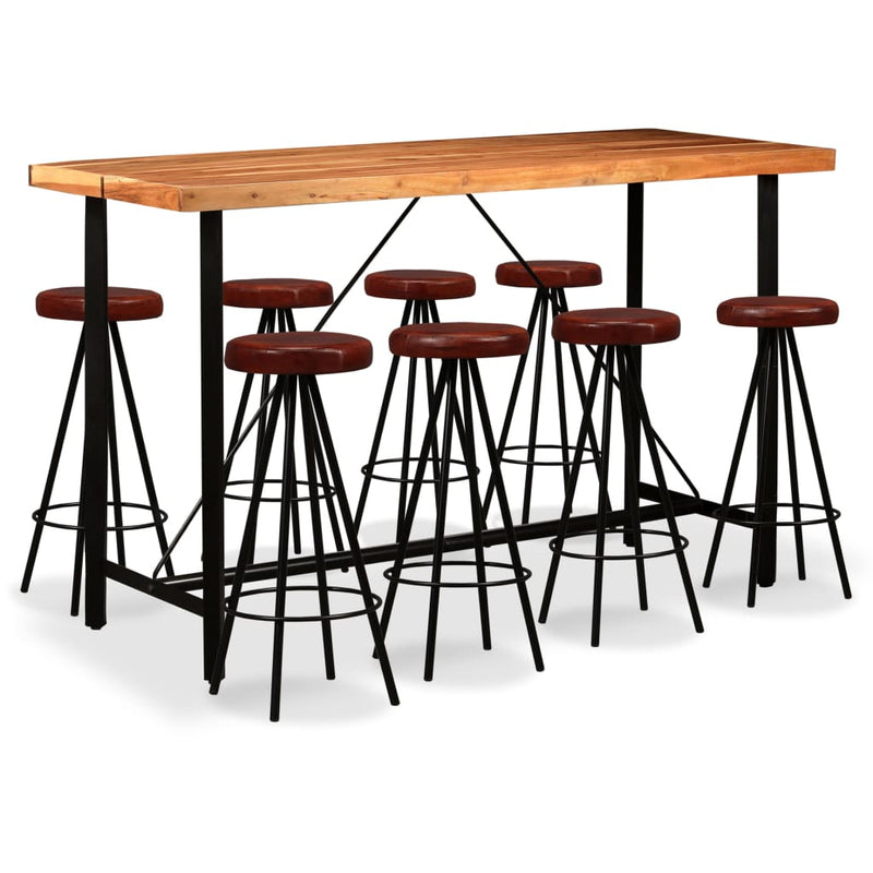 Dealsmate  9 Piece Bar Set Solid Acacia Wood and Genuine Leather