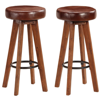 Dealsmate  Bar Chairs 2 pcs Real Leather and Solid Acacia Wood