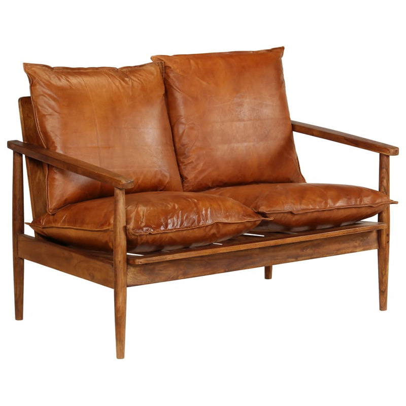 Dealsmate  2-Seater Sofa Real Leather with Acacia Wood Brown