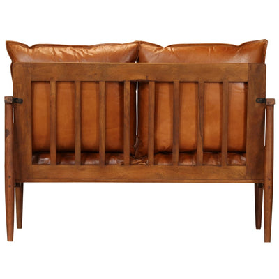 Dealsmate  2-Seater Sofa Real Leather with Acacia Wood Brown
