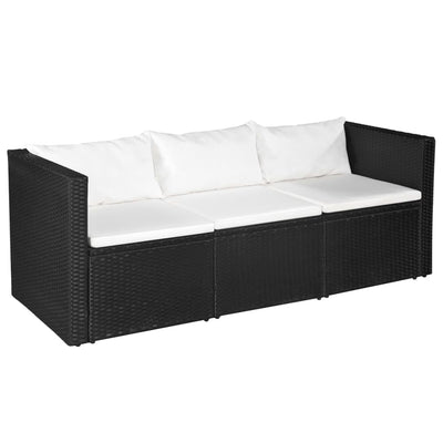 Dealsmate  3 Seater Garden Sofa Black Poly Rattan with White Cushions