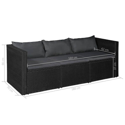 Dealsmate  3 Seater Garden Sofa Black Poly Rattan with Grey Cushions