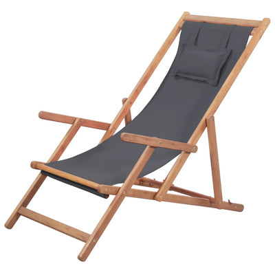 Dealsmate  Folding Beach Chair Fabric and Wooden Frame Grey