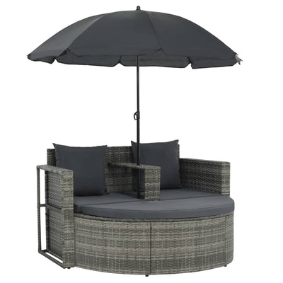 Dealsmate  2 Seater Garden Sofa with Cushions and Parasol Grey Poly Rattan