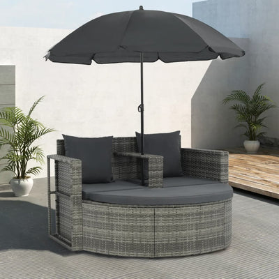 Dealsmate  2 Seater Garden Sofa with Cushions and Parasol Grey Poly Rattan