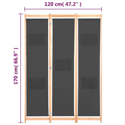 Dealsmate  3-Panel Room Divider Grey 120x170x4 cm Fabric