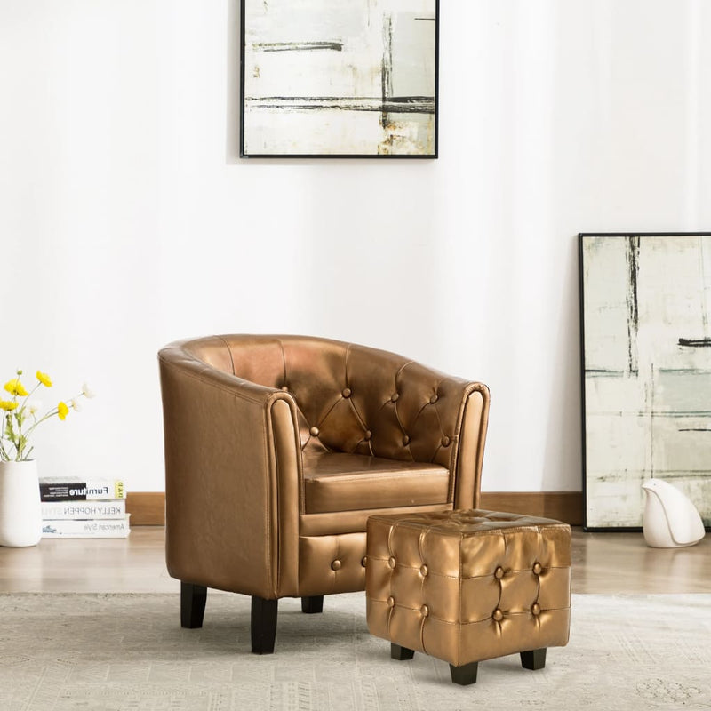 Dealsmate  Tub Chair with Footstool Brown Faux Leather