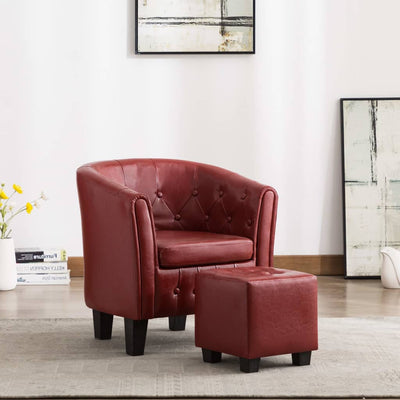 Dealsmate  Tub Chair with Footstool Wine Red Faux Leather