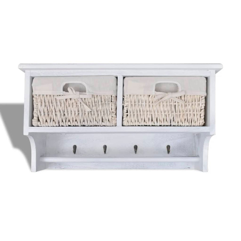 Dealsmate White Paulownia Wood Wall Shelf With Hangers 2 Weaving Baskets 4 Hooks