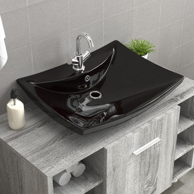 Dealsmate Black Luxury Ceramic Basin Rectangular with Overflow & Faucet Hole