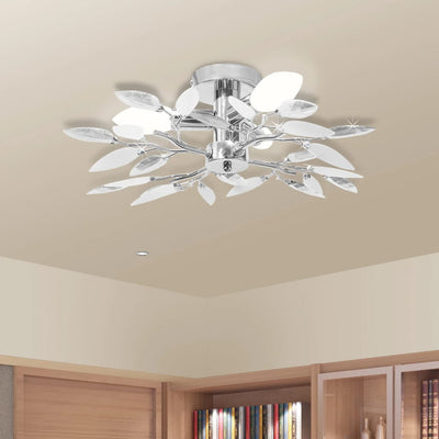 Dealsmate Ceiling Lamp White & Transparent Acrylic Crystal Leaf Arms 3 E14 Bulbs