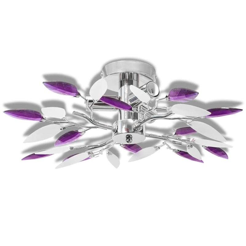 Dealsmate Ceiling Lamp White & Purple Acrylic Crystal Leaf Arms 3 E14 Bulbs