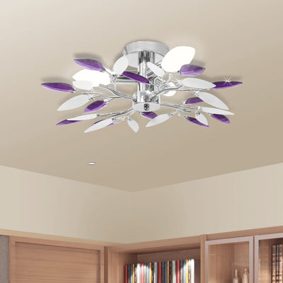 Dealsmate Ceiling Lamp White & Purple Acrylic Crystal Leaf Arms 3 E14 Bulbs