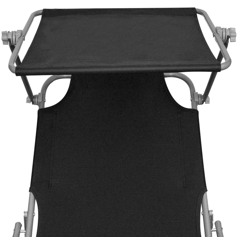 Dealsmate  Folding Sun Lounger with Canopy Steel and Fabric Black