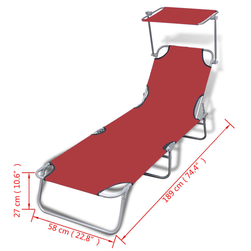 Dealsmate  Folding Sun Lounger with Canopy Steel and Fabric Red