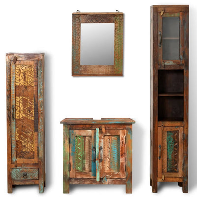 Dealsmate Reclaimed Solid Wood Vanity Cabinet Set with Mirror & 2 Side Cabinets