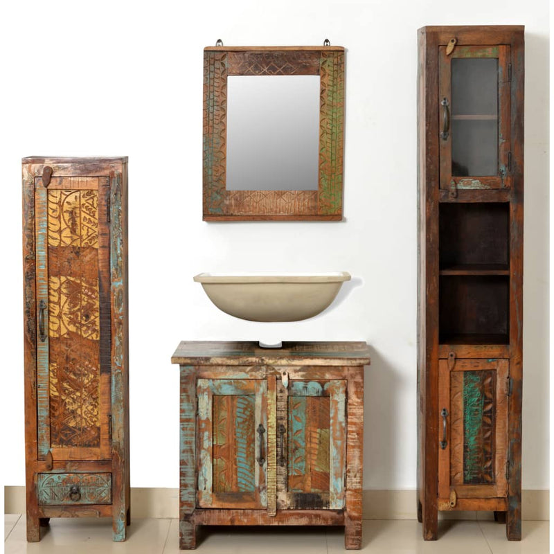Dealsmate Reclaimed Solid Wood Vanity Cabinet Set with Mirror & 2 Side Cabinets