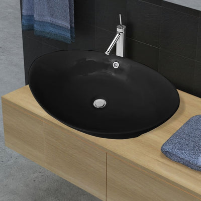 Dealsmate  Black Luxury Ceramic Basin Oval with Overflow 59 x 38.5 cm
