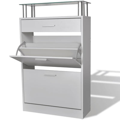 Dealsmate  Shoe Cabinet with a Drawer and a Top Glass Shelf Wood White