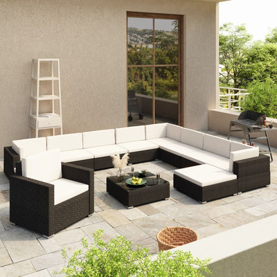 Dealsmate  12 Piece Garden Lounge Set with Cushions Poly Rattan Black