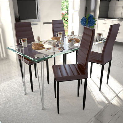 Dealsmate Dining Set Brown Slim Line Chair 4 pcs with 1 Glass Table