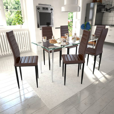 Dealsmate Dining Set Brown Slim Line Chair 6 pcs with 1 Glass Table