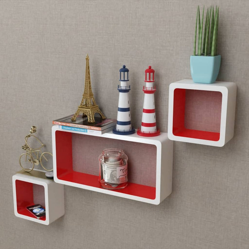 Dealsmate 3 White-red MDF Floating Wall Display Shelf Cubes Book/DVD Storage
