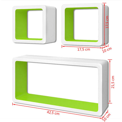 Dealsmate 3 White-green MDF Floating Wall Display Shelf Cubes Book/DVD Storage