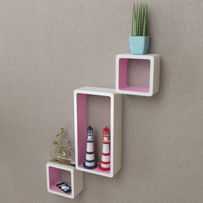 Dealsmate 3 White-pink MDF Floating Wall Display Shelf Cubes Book/DVD Storage