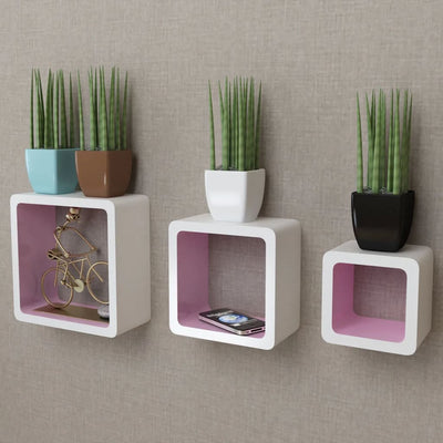 Dealsmate 3 White-pink MDF Floating Wall Display Shelf Cubes Book/DVD Storage