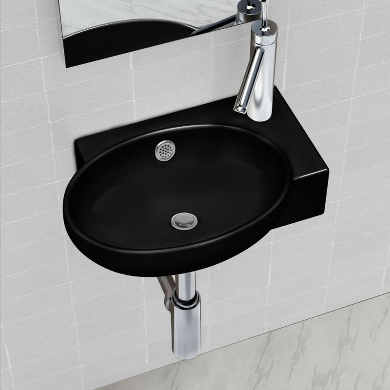 Dealsmate  Ceramic Bathroom Sink Basin Faucet/Overflow Hole Black Round