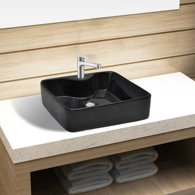 Dealsmate Ceramic Bathroom Sink Basin with Faucet Hole Black Square