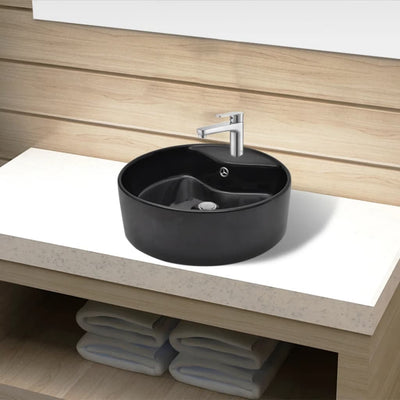 Dealsmate Ceramic Bathroom Sink Basin Faucet/Overflow Hole Black Round