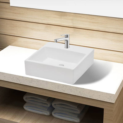 Dealsmate  Ceramic Bathroom Sink Basin with Faucet Hole White Square