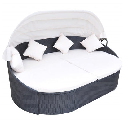 Dealsmate  Outdoor Lounge Bed with Canopy Poly Rattan Black