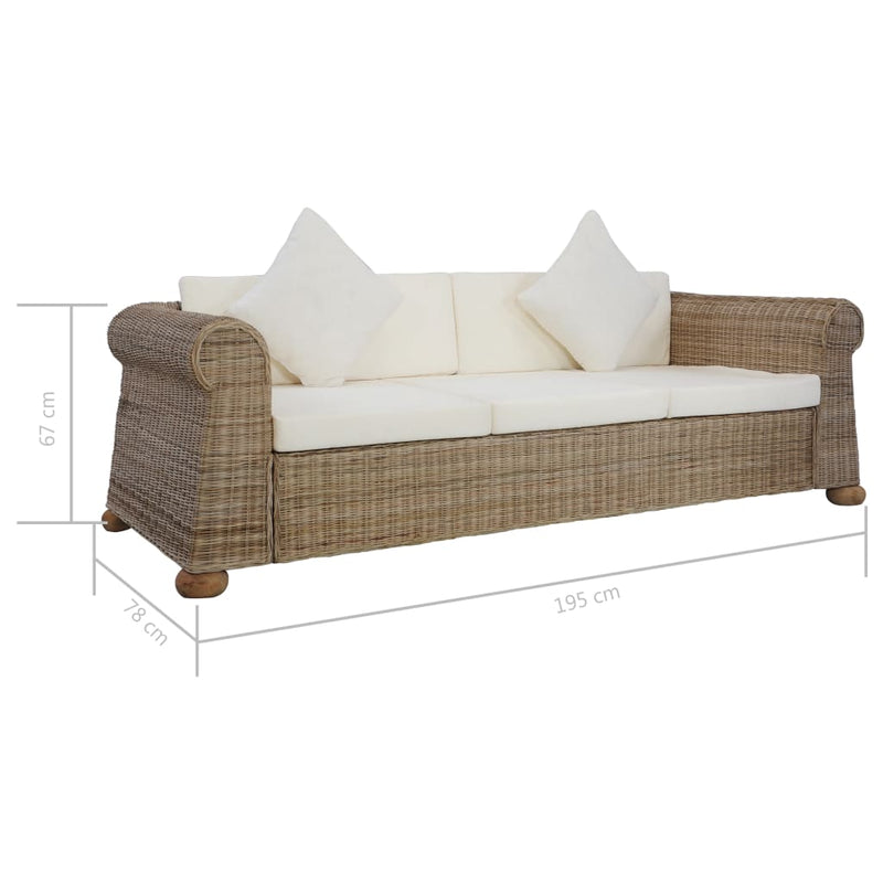 Dealsmate  3-Seater Sofa with Cushions Natural Rattan