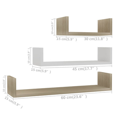 Dealsmate  Wall Display Shelf 3 pcs White and Sonoma Oak Engineered Wood