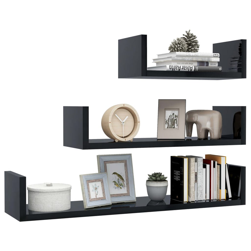 Dealsmate  Wall Display Shelf 3 pcs High Gloss Black Engineered Wood