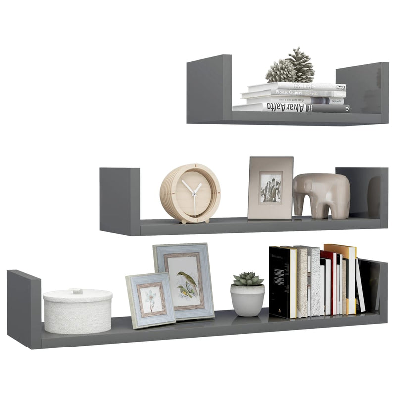 Dealsmate  Wall Display Shelf 3 pcs High Gloss Grey Engineered Wood