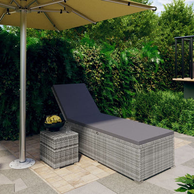 Dealsmate  Sun Lounger with Cushion and Tea Table Poly Rattan Grey