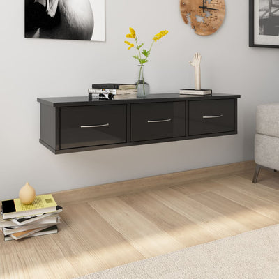 Dealsmate  Wall-mounted Drawer Shelf High Gloss Black 88x26x18.5 cm Chipboard