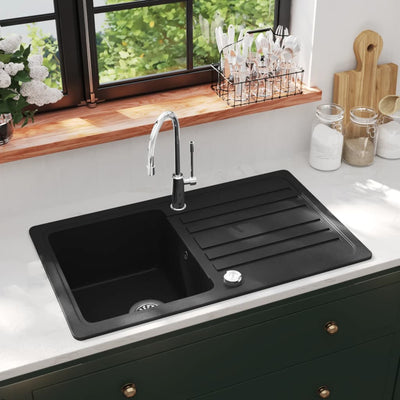 Dealsmate  Granite Kitchen Sink Single Basin with Drainer Reversible Black