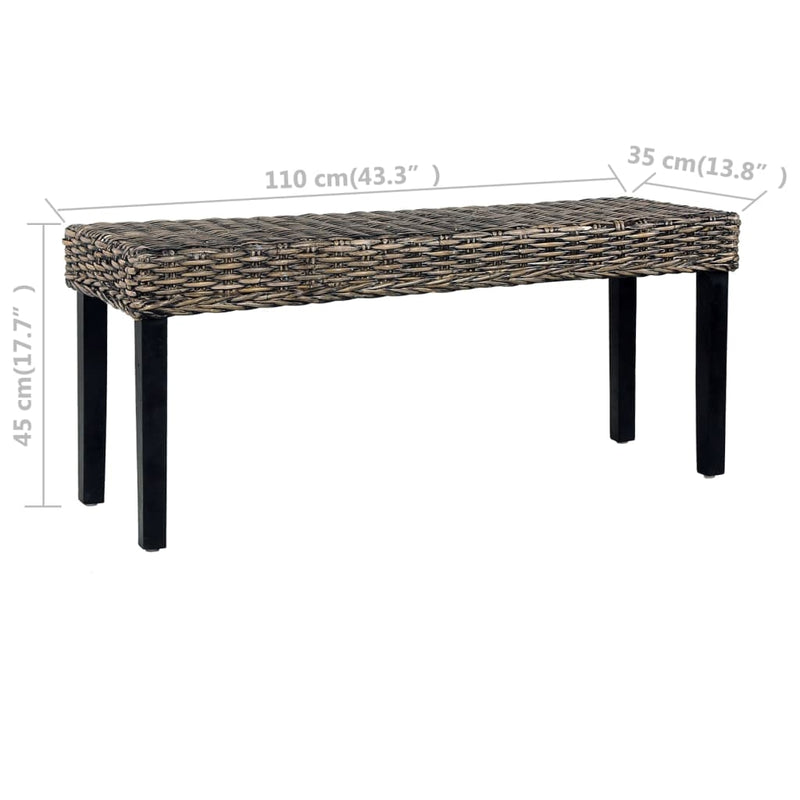 Dealsmate  Bench 110 cm Black Natural Kubu Rattan and Solid Mango Wood