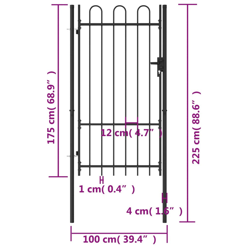 Dealsmate  Fence Gate Single Door with Arched Top Steel 1x1.75 m Black
