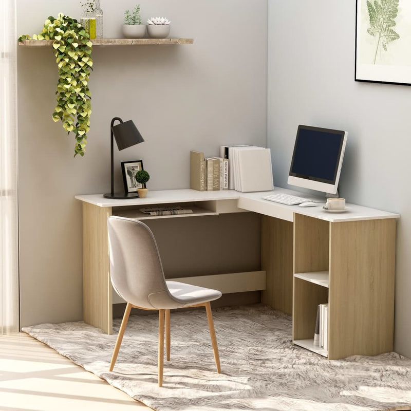 Dealsmate  L-Shaped Corner Desk White and Sonoma Oak 120x140x75 cm Chipboard