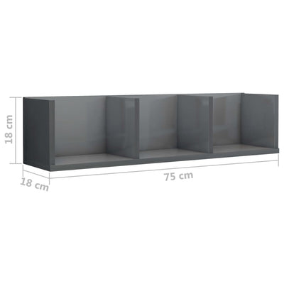 Dealsmate  CD Wall Shelf High Gloss Grey 75x18x18 cm Engineered Wood